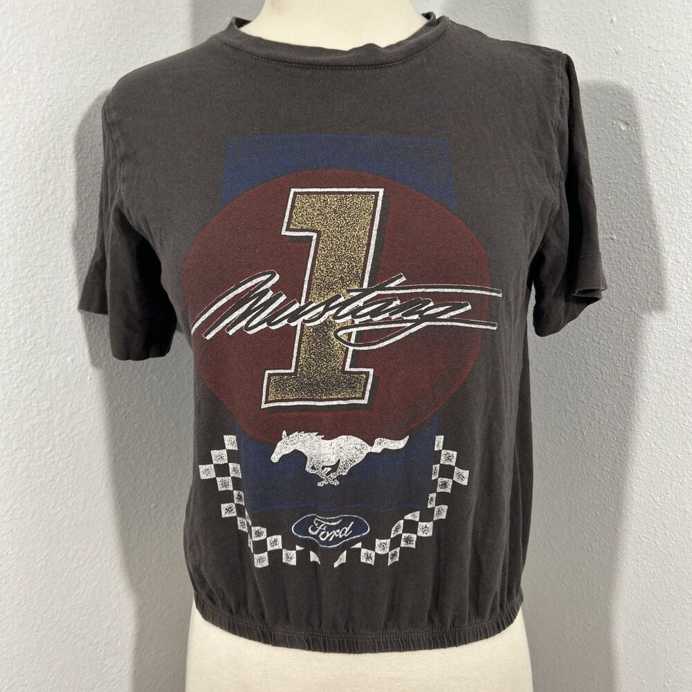 Mighty Fine Cropped T Shirt Womens Small Ford Mustang Graphic Grunge 2000 Y2K